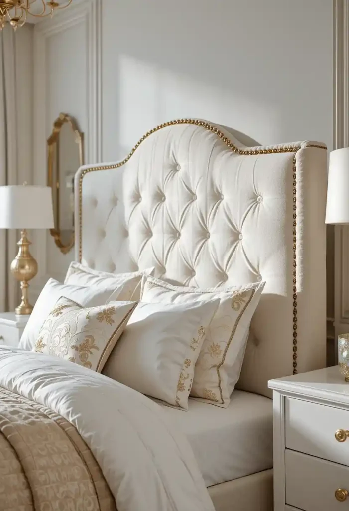 White Upholstered Headboard with Gold Trim