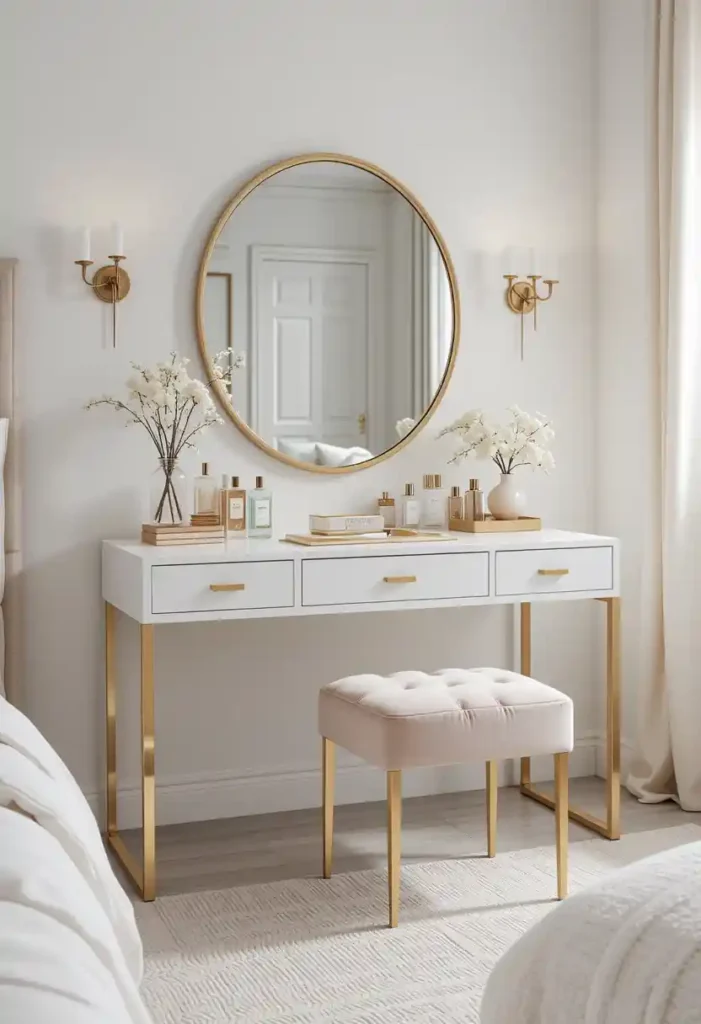 White Vanity with Gold Mirror