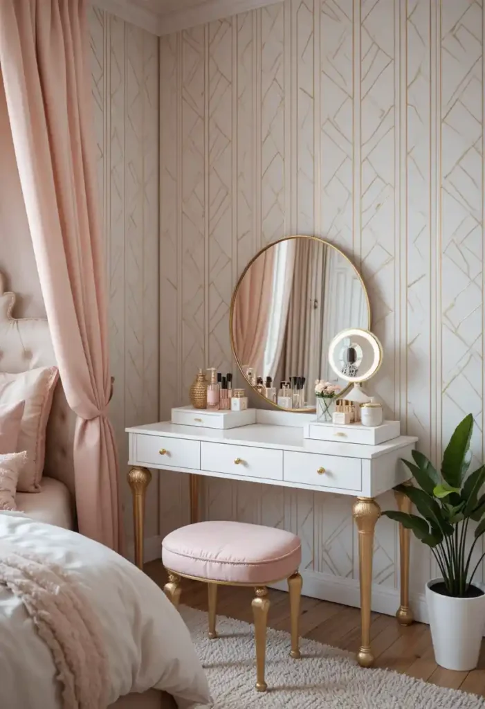 White and Gold Wallpaper Accent Wall