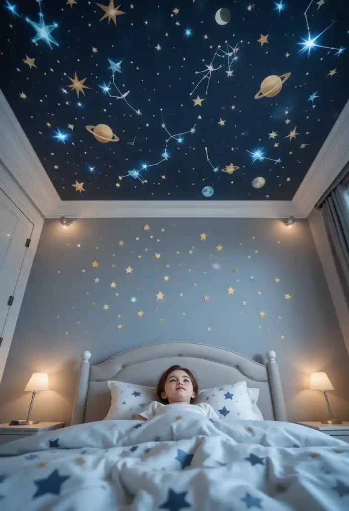 Whimsical Kids' Bedroom Ceiling with Glow-in-the-Dark Stars