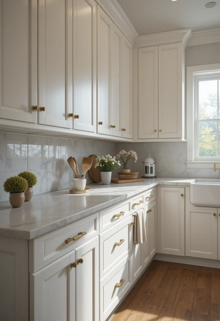 All-White Shaker Cabinets with Brass Hardware