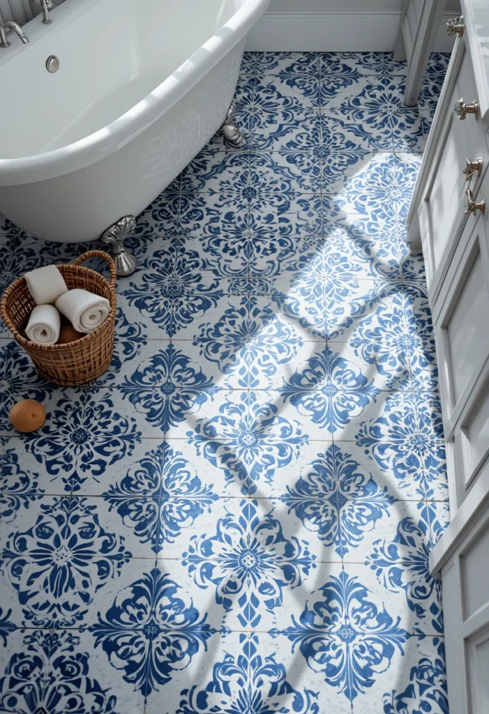 Blue and White Patterned Floor Tiles