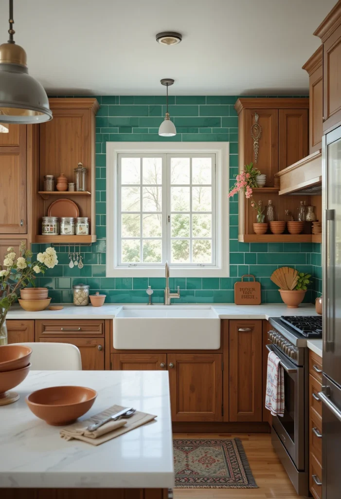 Brown Cabinets with Colorful Backsplashes