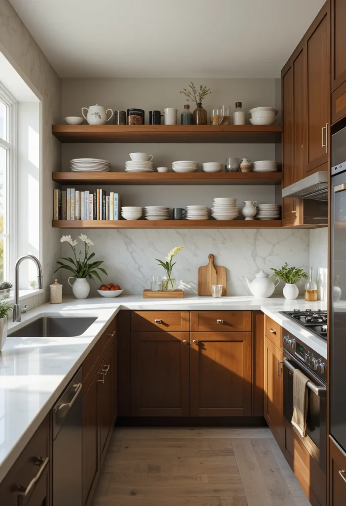 Brown Cabinets with Open Shelving