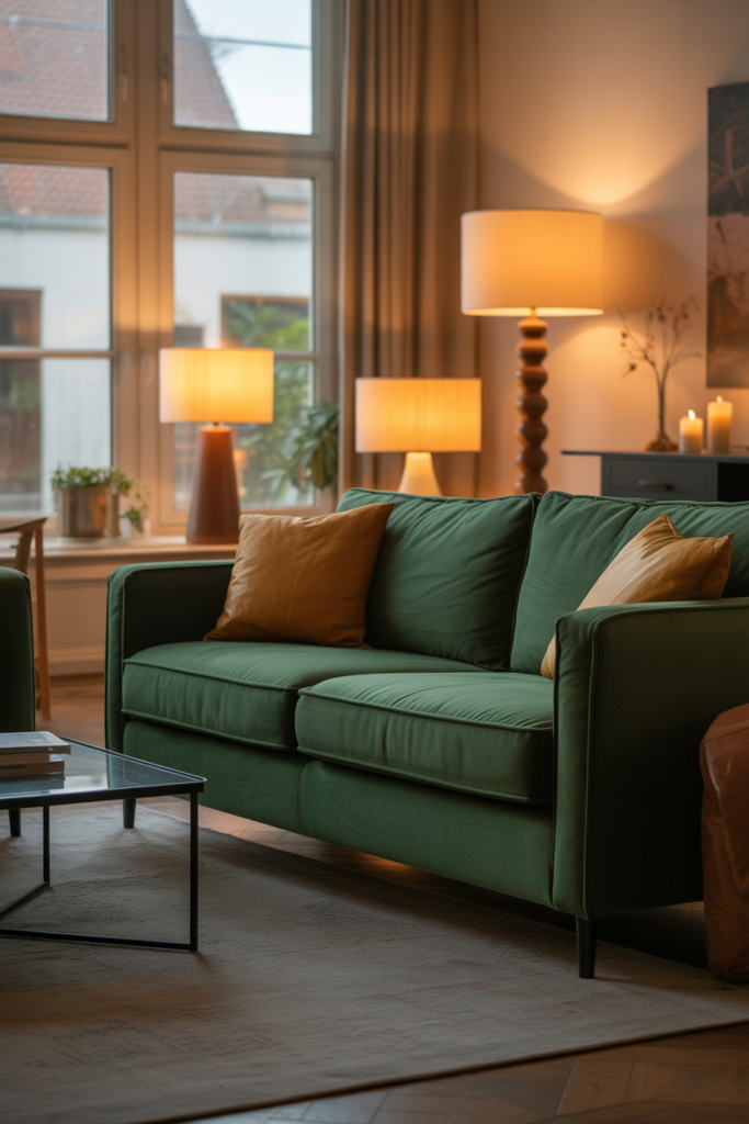 Lighting That Makes Green Sofas Glow