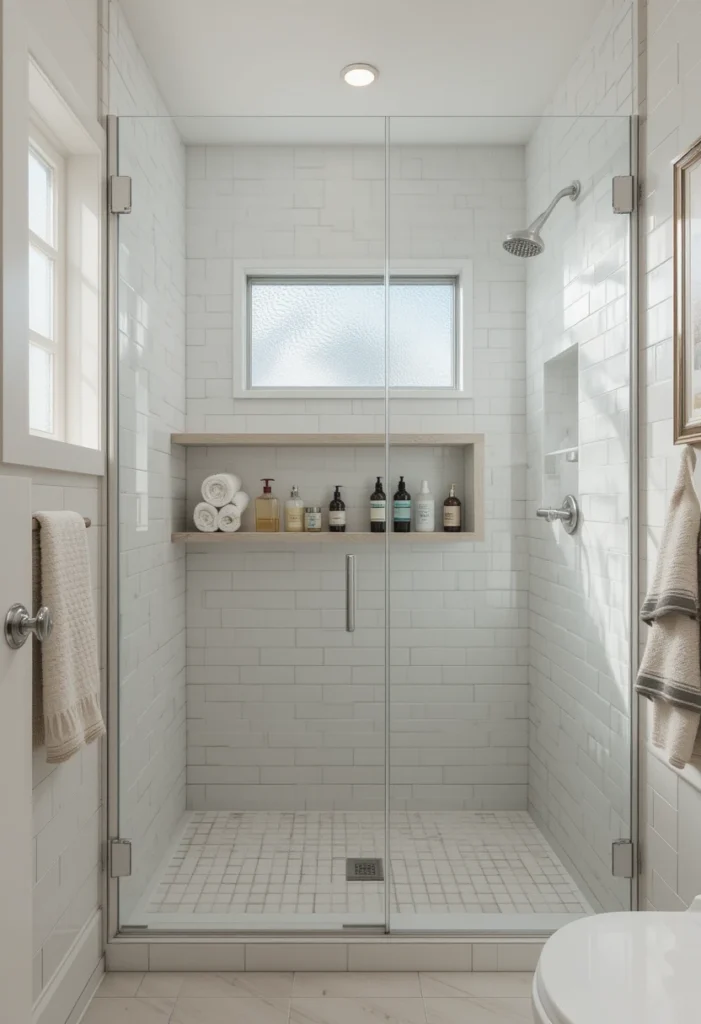 Glass Shower Doors and Open Shelving